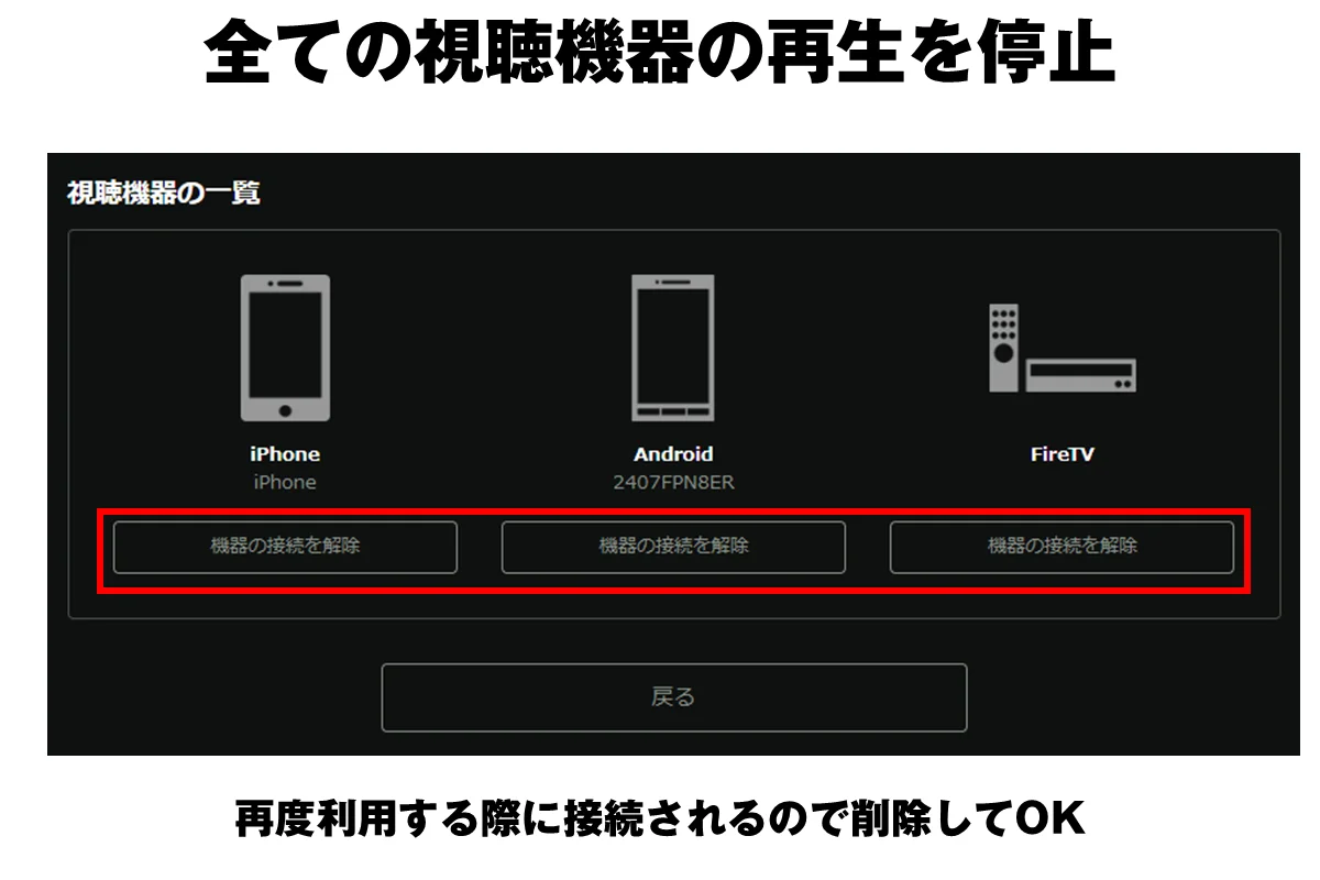 アカウントページで機器をすべて削除