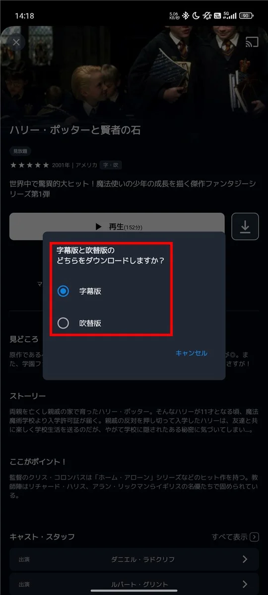 ダウンロード前に字幕か吹替化を選択する